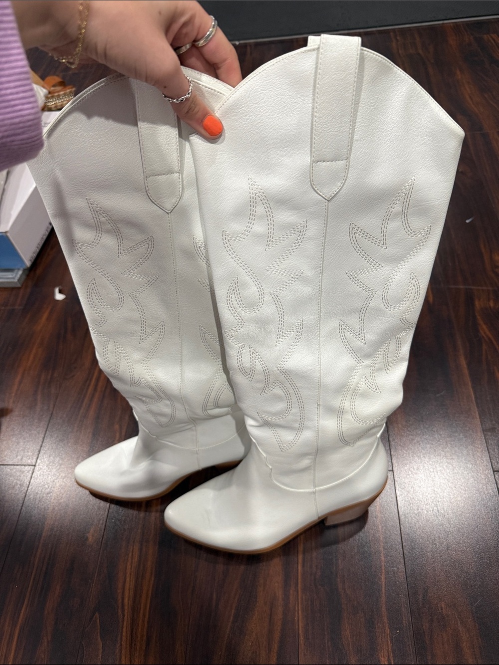 White Western Knee-High Leather Boots